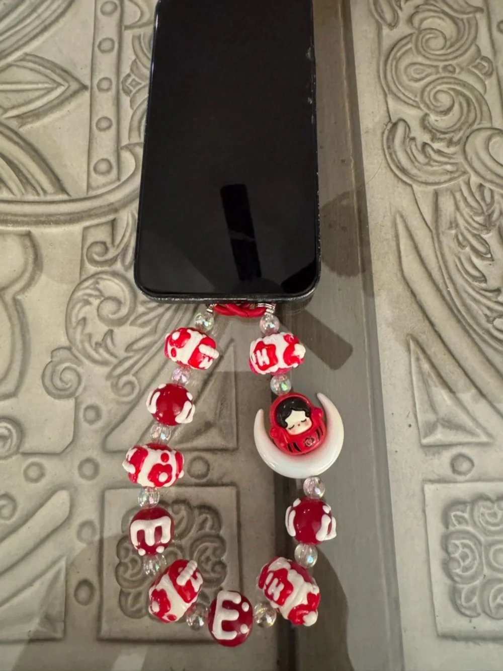 New Red and White Beaded cellphone chain